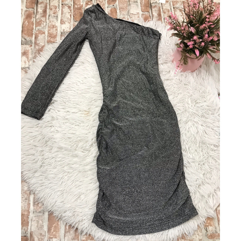 Derek Heart Dress Womens Size X-sm Metallic Silver Glitter One arm Bodycon Party